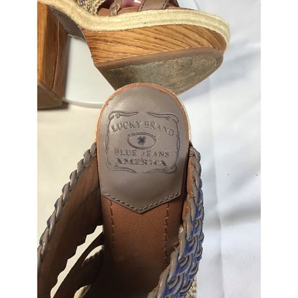 Lucky Brand Open Toe Platform Mules Sz. 7.5 EUC Mika Faux Wood Block Heels 4in - Picture 7 of 10